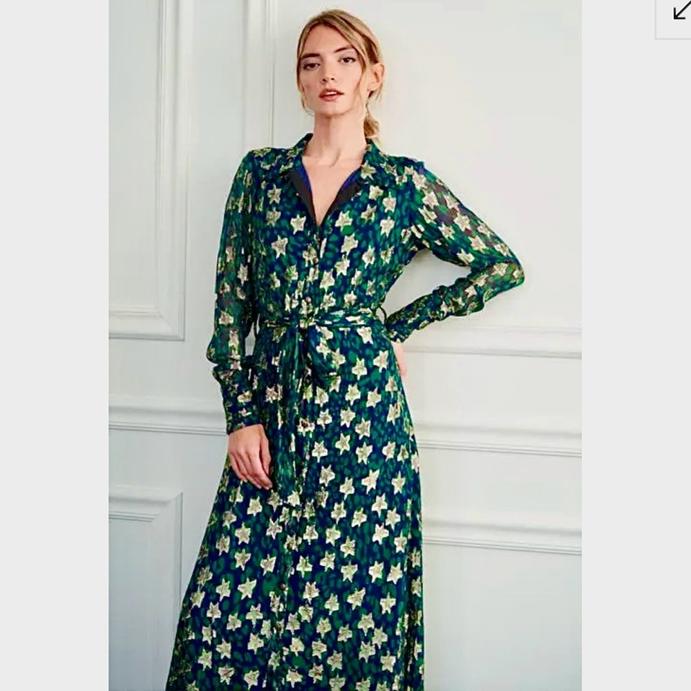 CIEBON Jynai Long Sleeve Maxi Shirt Dress Metallic Gold Stars Navy Green Print M